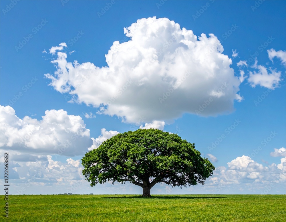 Fototapeta premium 푸른 초원 위에 서 있는 장엄한 나무 Majestic Tree Standing on a Green Meadow
