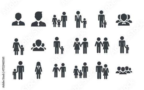 Illustration of various family and individual figures represented as simple black icons on a white background