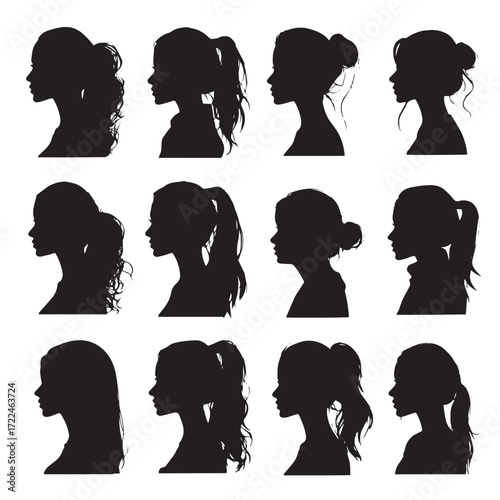 Collection of diverse girl face silhouettes isolated on white background