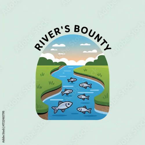 River bounty fishing adventure illustration with fish in stream and green landscape for outdoor recreation