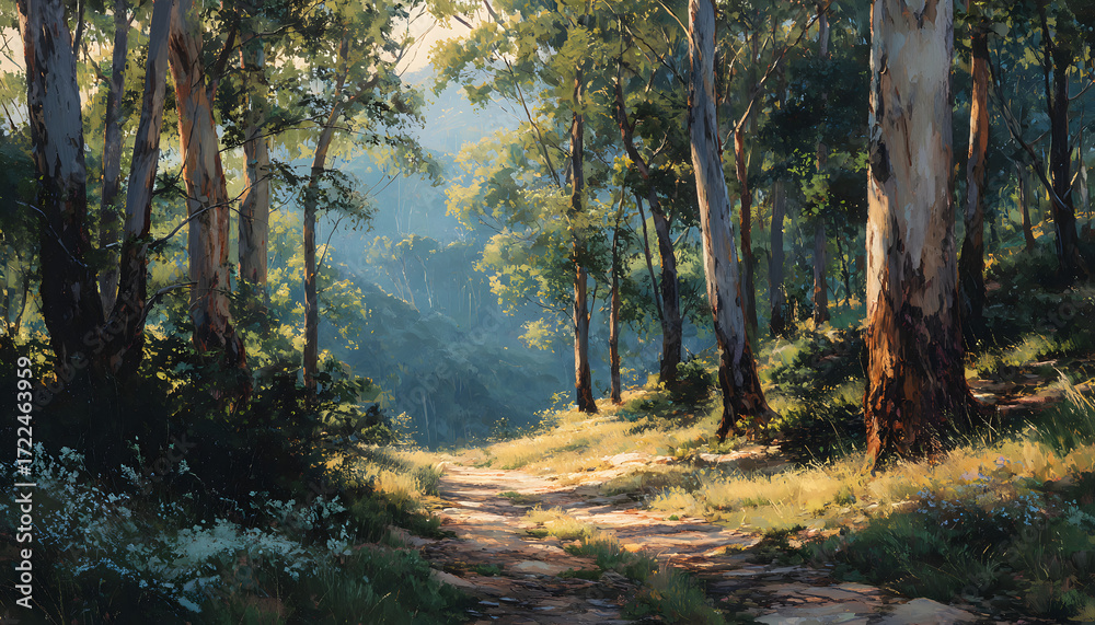 Obraz premium sunlit trail through eucalyptus forest tall trees and green undergrowth bathed in warm light creating serene natural scene