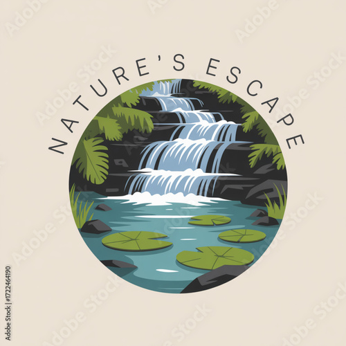Waterfall nature landscape scene with lily pads and rocks in a peaceful outdoor environment illustration