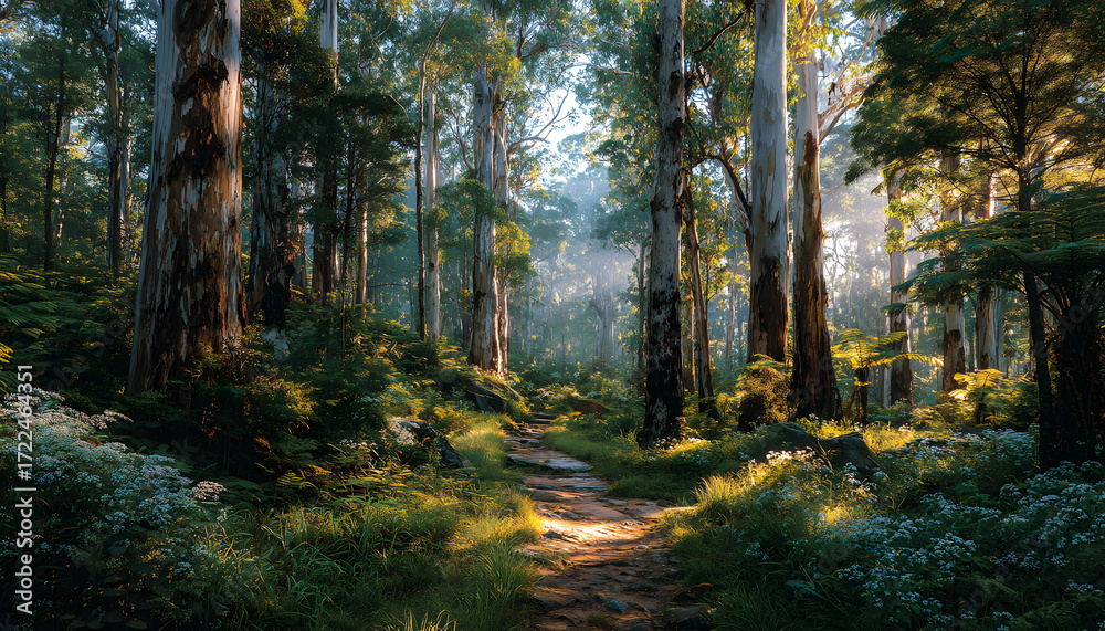 Fototapeta premium sunlit trail through eucalyptus forest tall trees and green undergrowth bathed in warm light creating serene natural scene