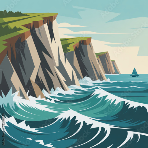 Seascape painting of ocean waves crashing on rocky cliffs with sailboat in distance scenic coastal landscape art
