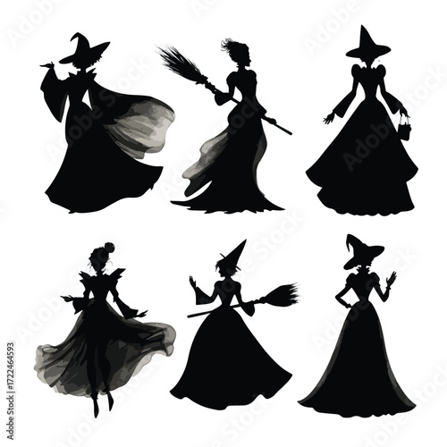 Collection of glinda the good witch silhouettes in various poses isolated on white background