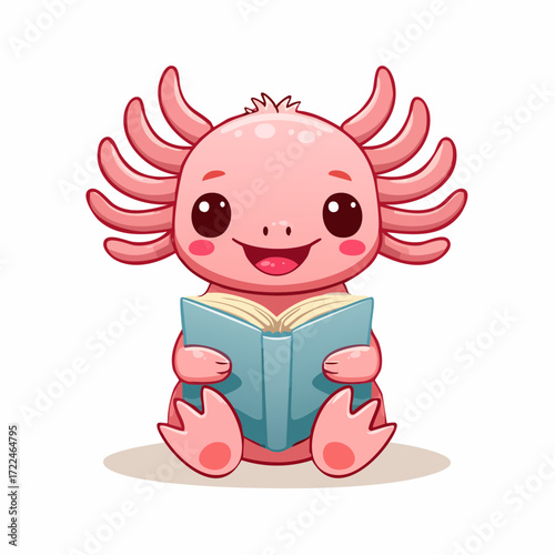 Cute pink amphibian mascot reading a storybook, perfect for children's education, aquatic themed content, and delightful learning resources