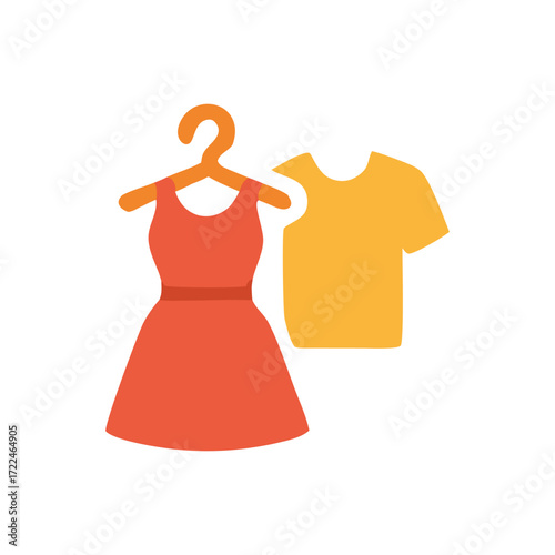 Clothing style a dress and shirt hang neatly showcasing potential outfit combinations on display.