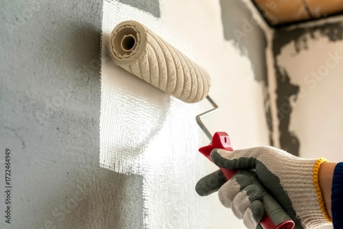 House painter with paint roller in hand close up.