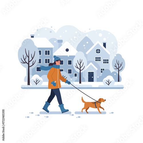Woman walking dog in snowy winter town winter wonderland scene dog walking snowy street winter season illustration