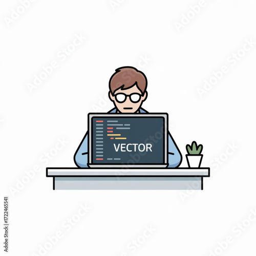 Programmer coding vector illustration working on laptop for software development and design project