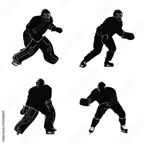 Collection of hockey goalie silhouettes in action poses isolated on white background