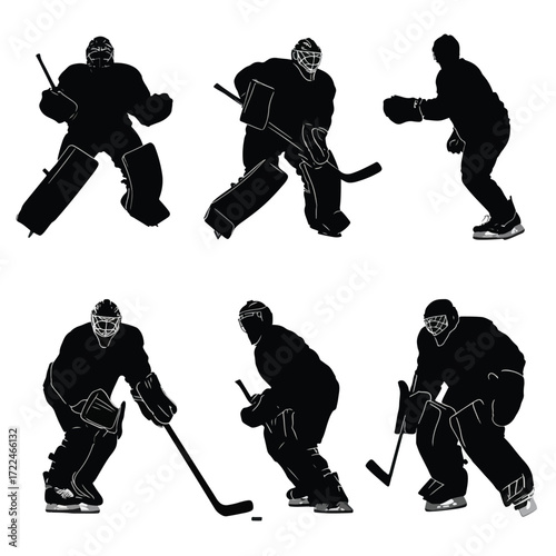Collection of black and white hockey goalie silhouettes in various action poses isolated on white background