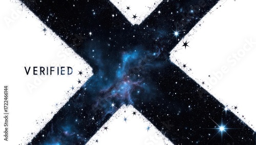 Stunning cosmic X shape with 'VERIFIED' text overlay and vibrant galaxy nebula, perfect for authentication or achievement themes