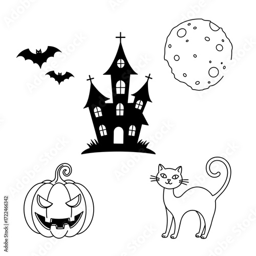 A minimalist Halloween grid featuring the moon, a haunted house silhouette, a sinister jack-o'-lantern, and a spooky black cat—each icon bold and iconic for festive designs.
