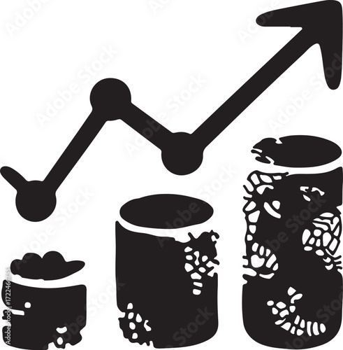Hand drawn bar graph with upward trending arrow and coin icons Keywords: bar graph, chart, data