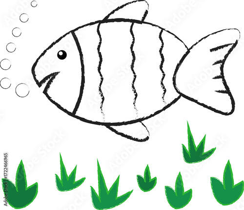 Cute Charcoal Fish Illustration with Bubbles and Seaweed isolated on White Background. fish in the aquarium