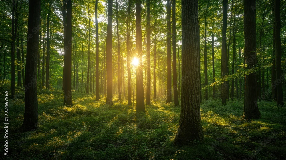Obraz premium Sunlight streams through forest canopy at dawn. Possible use Nature background
