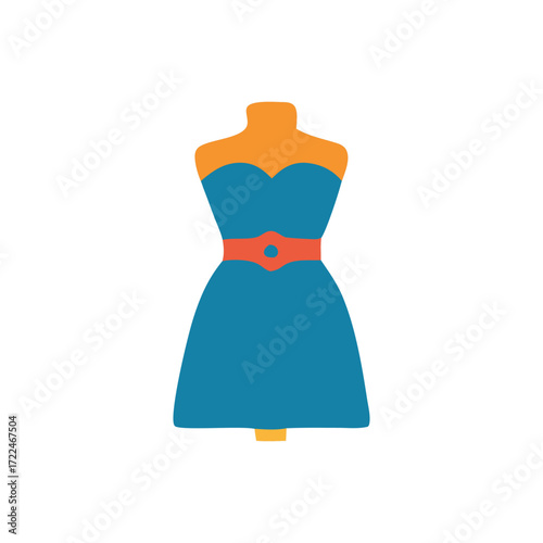 Haute couture dress on a mannequin with an orange belt showcases highfashion design.