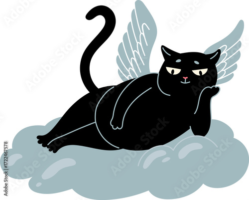 A black cat with wings reclines on a cloud