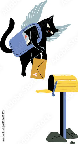 A black cat with wings delivers mail to a mailbox