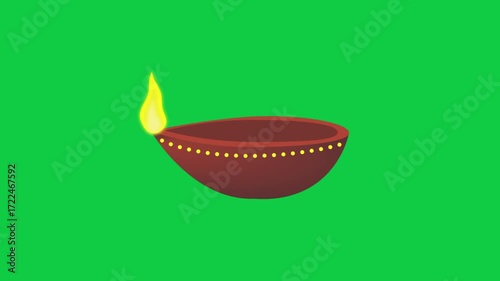 A traditional Diwali oil lamp (diya) animation in side view with a glowing flame on a green screen background. Perfect for chroma key projects, festival greetings, ads, and social media content. 