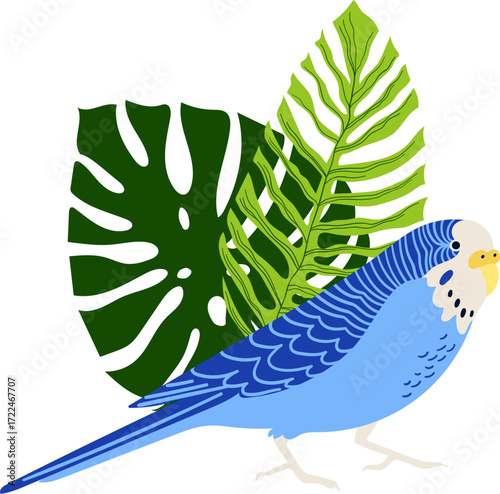 A blue budgie bird perches behind large green leaves