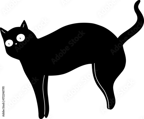 A black cat with wide eyes on a white background