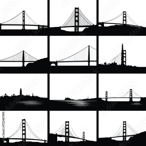 Golden gate bridge silhouette illustration isolated on white background