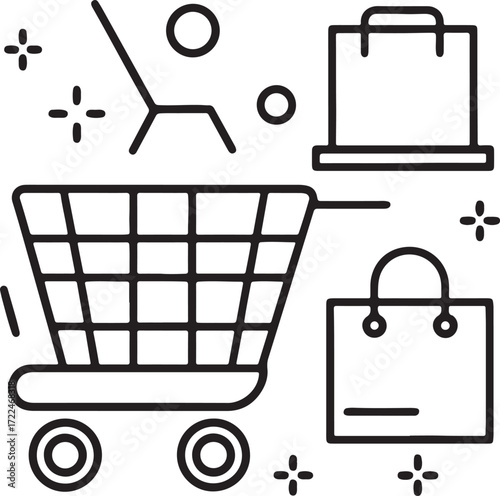 Shopping cart with shopping bags and sparkles on white background Keywords: shopping cart, shopping bag