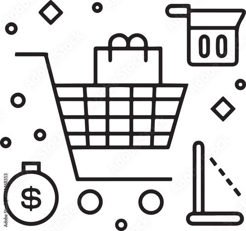Shopping cart with gift bag dollar coin and laptop icons Keywords: shopping cart, shopping bag, gift