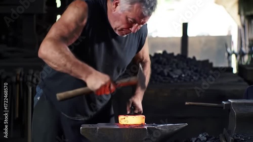 Master blacksmith teaches young apprentice the art of metalworking with glowing hot iron