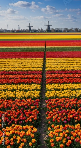 Colorful tulip fields and windmills