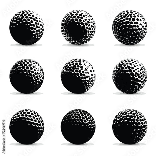Collection of golf ball silhouettes with dimples isolated on white background