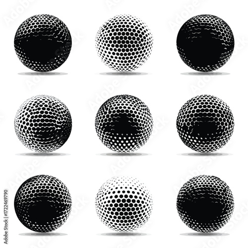 Collection of golf ball silhouettes isolated on white background