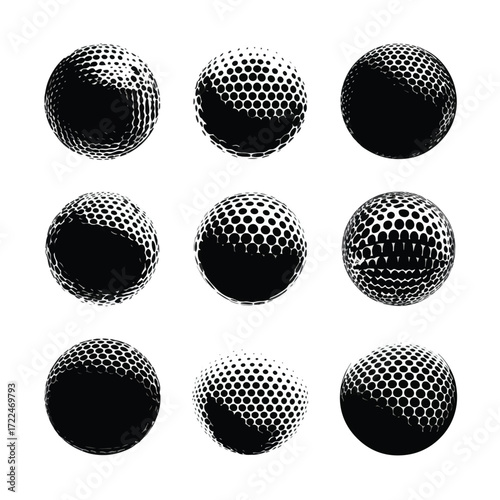 Collection of golf ball silhouettes in black and white isolated on white background