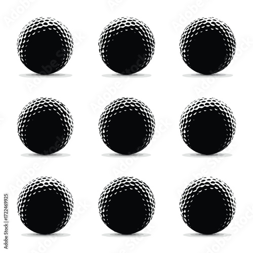 Collection of golf ball silhouettes in various positions isolated on white background