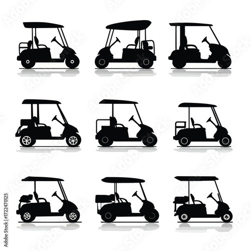 Collection of black and white golf cart silhouettes isolated on white background