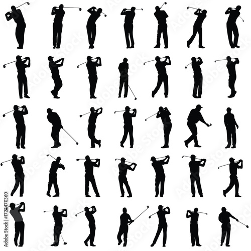Collection of golf club silhouettes on white background for sports and recreation designs isolated on white background