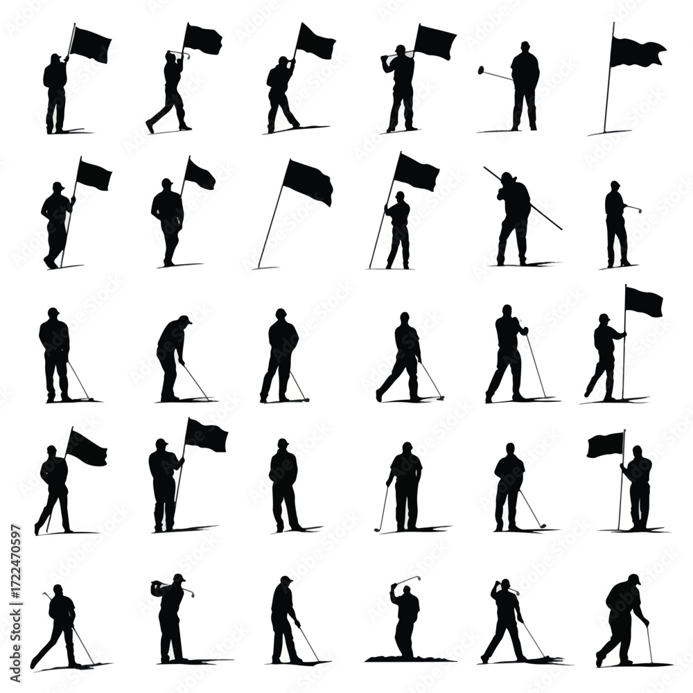 Fototapeta premium Collection of golf flag silhouettes isolated on white background for sports design