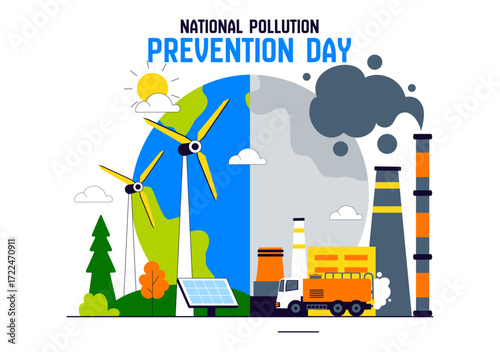 National Pollution Prevention Day Vector Illustration for Awareness Campaign, Featuring Factory Emissions, Forest Damage, and Vehicle Pollution Issues