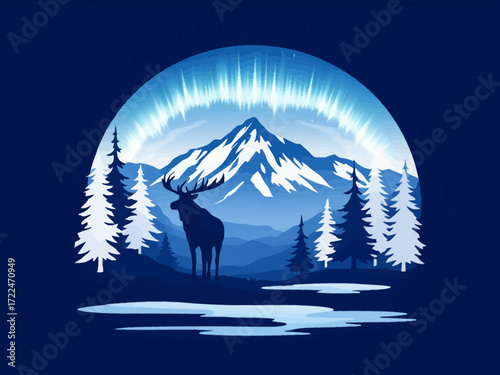 Majestic Moose Under the Aurora Borealis in Snowy Mountain Landscape
