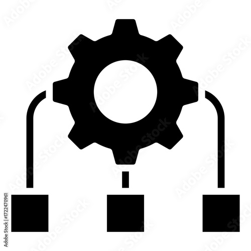 System Structure Glyph Black Silhouette Icon Design Vector - gear connected to three blocks representing system architecture, hierarchy, and process management