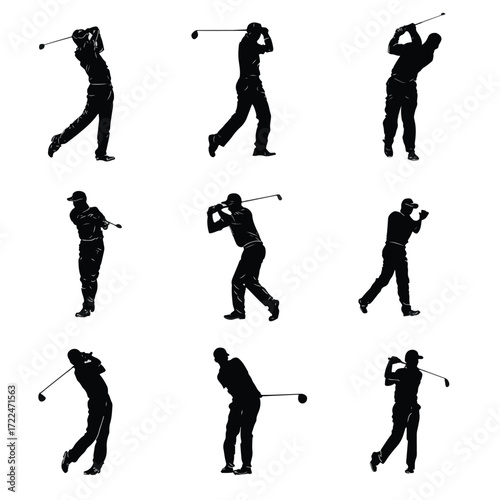 Dynamic golfer swing silhouette set in action isolated on white background