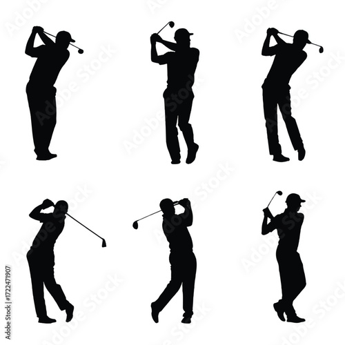 Dynamic golfer swing silhouette set in action isolated on white background