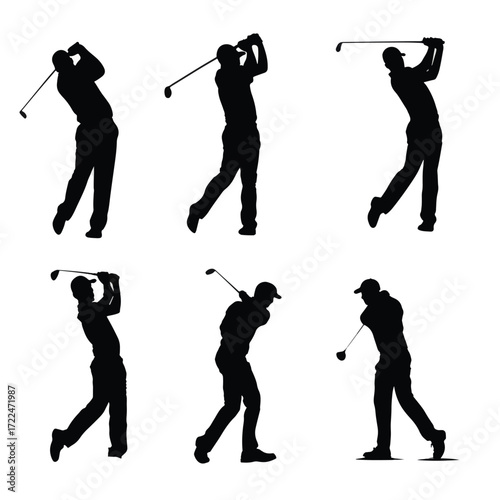 Dynamic golfer swing silhouette set in black and white isolated on white background