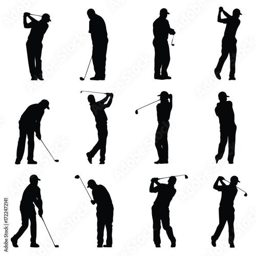Collection of golfing silhouettes featuring swings and players isolated on white background silhouette