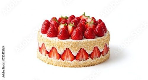 Strawberry Cake with Cream and Crumble, Isolated on White Background