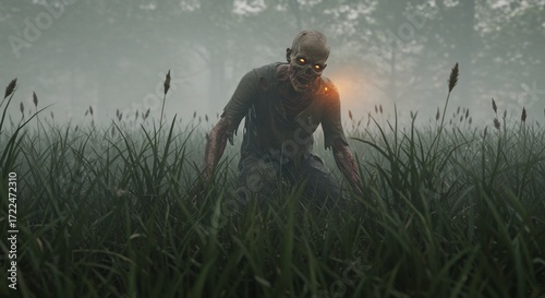 A zombie with glowing eyes kneels in tall grass surrounded by fog and trees