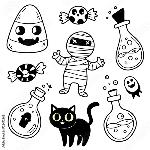 A cheerful Halloween mix featuring smiling candy corn, a friendly mummy, a wide-eyed black cat, magical potions, and cute ghostly treats—perfect for fun, kid-friendly designs.