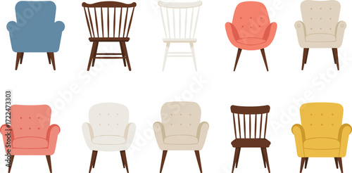 Chair vector illustration set, modern seating furniture collection, stylish interior decor icons, colorful armchairs, wooden chair designs, home elements
